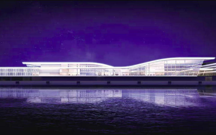 Vue de nuit du futur terminal croisière MSC à Miami