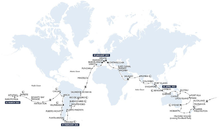 Itinéraire MSC Magnifica - World Cruise 2023