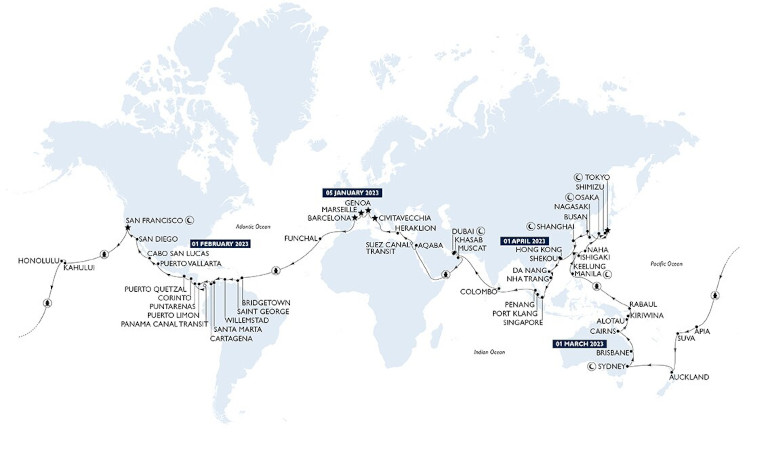 Itinéraire MSC Poesia - World Cruise 2023